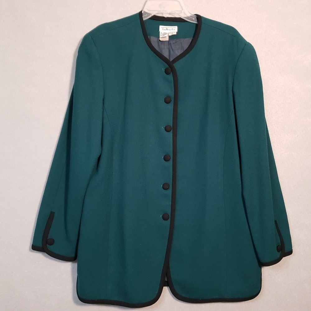 Talbots 16 Blazer Forest Green Wool Contrast Trim Vintage Made in USA 90s READ